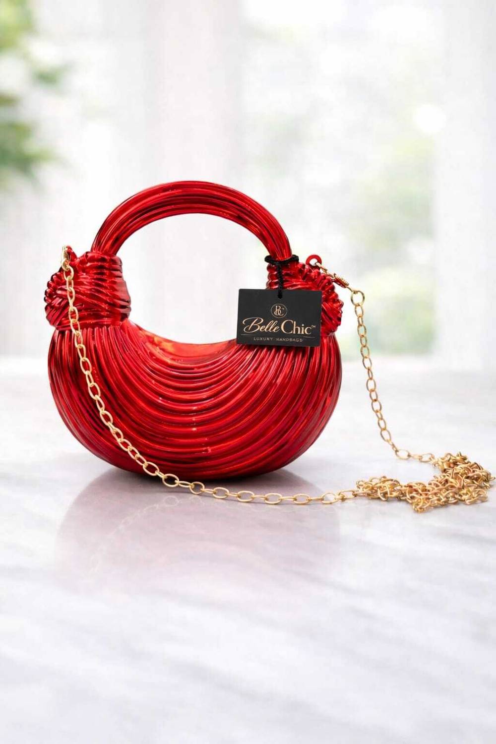 bellechic Red Clutch Metallic Mini Handbag Glosy Crescent Shape Crossbody Sling Bag with Golden Chain