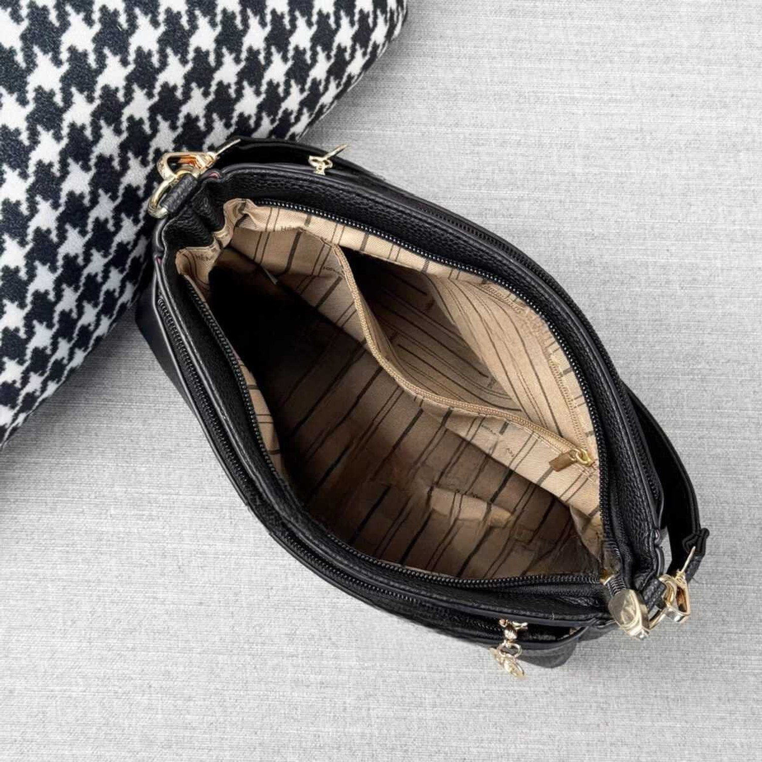 Image of De Meow Black Sling Bag Crossbody Bag with Gold Hardware & Contrast Strap | Stylish Daily Use Handbag