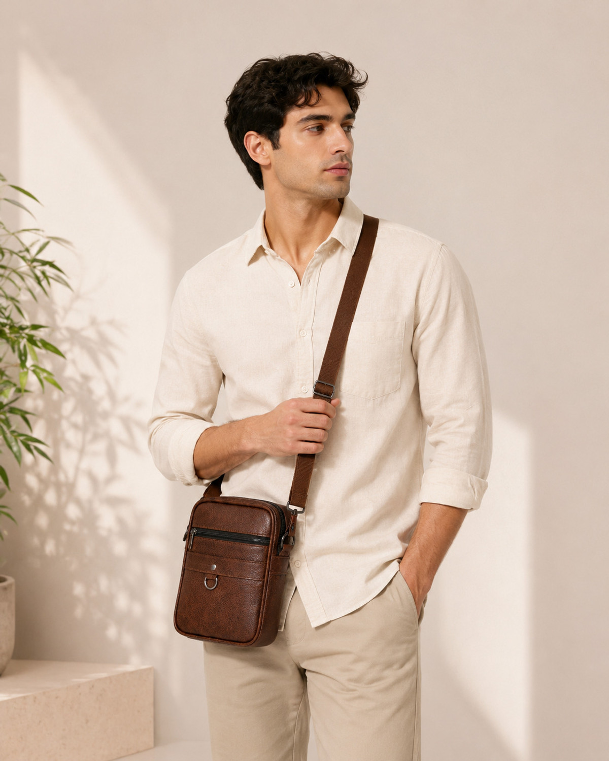 Image of CRAR ENTERPRISES Brown Sling Bag Premium PU Leather Sling Bag for Men | Crossbody Travel Messenger Side Bag