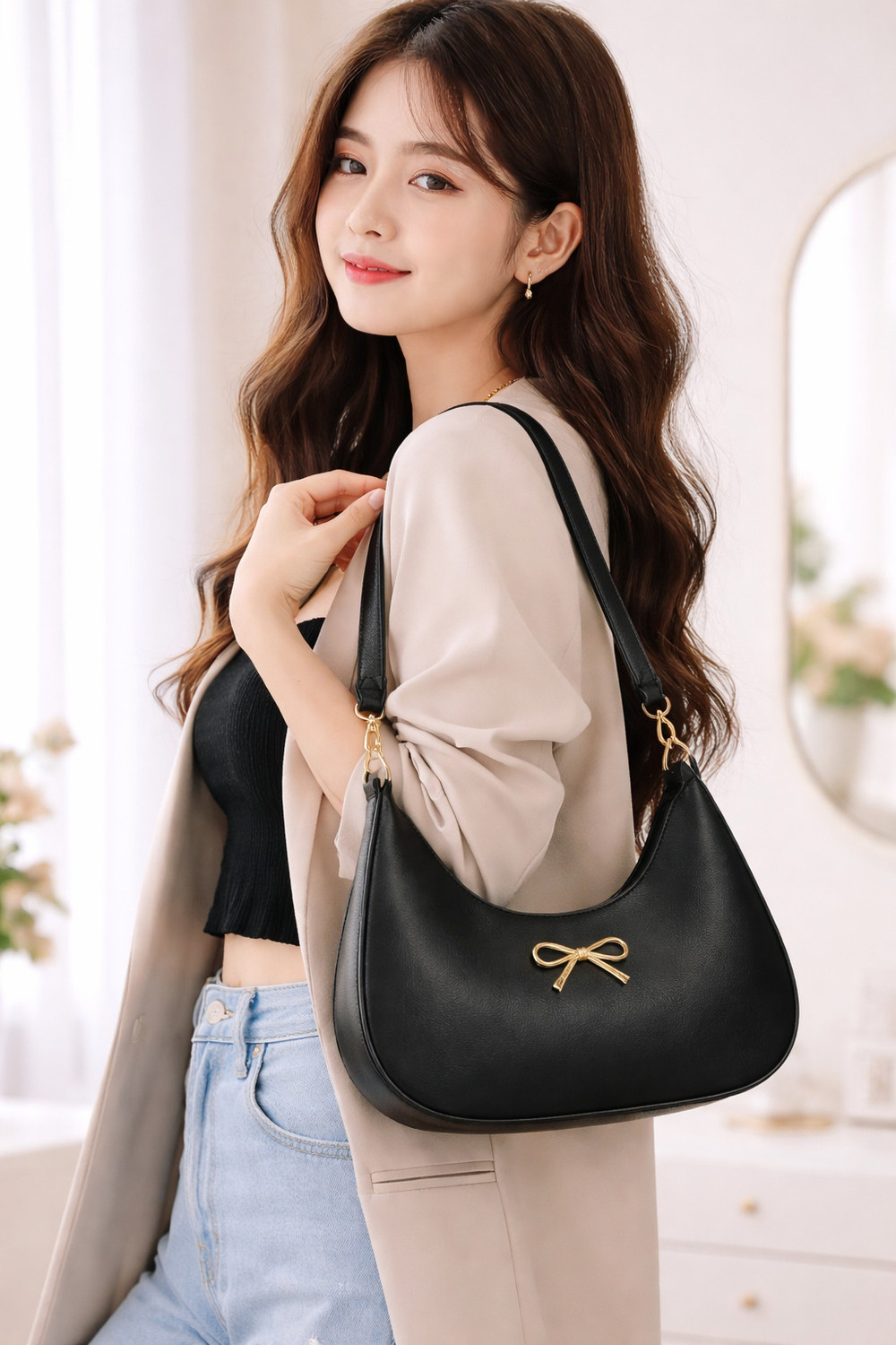 Image of Feetglow Black, White Hobo Sling bag for women fancy white ladies purse
