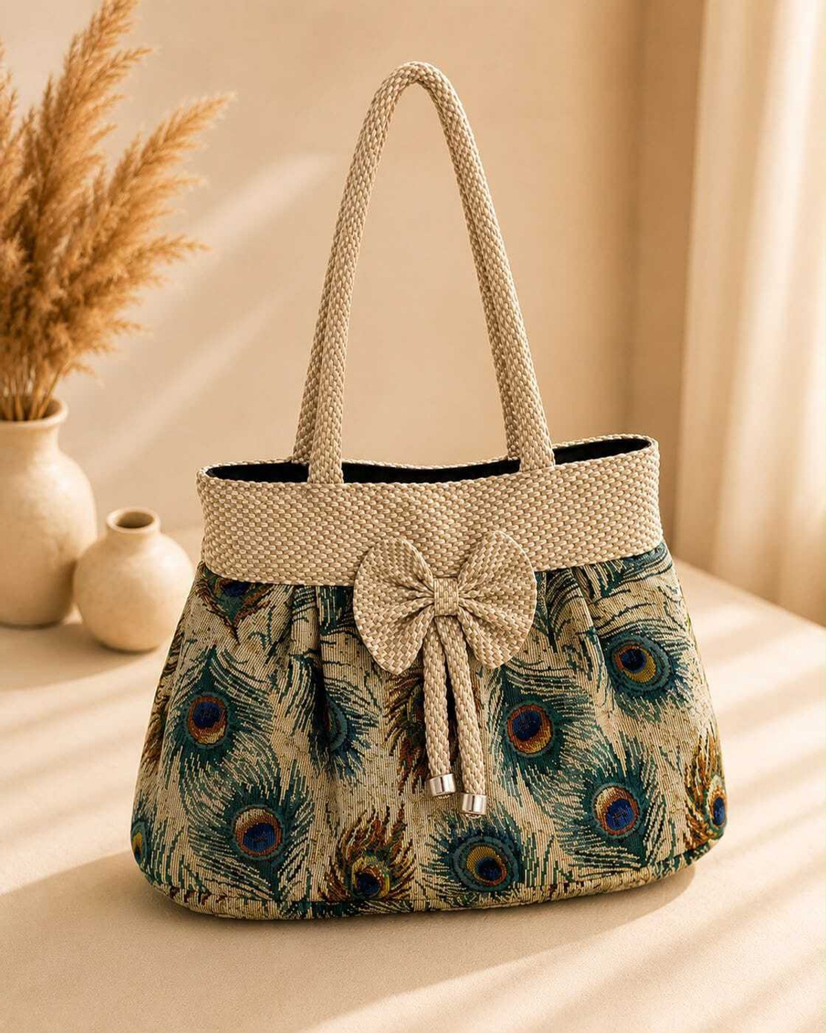 Image of KRIDHA TEXTILES Multicolor Shoulder Bag MOR PANKH PRINTED HAND BAG - KH586