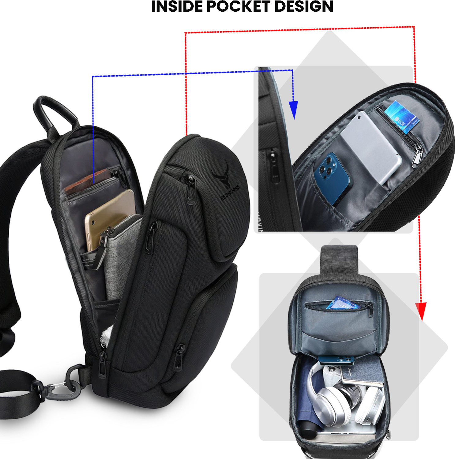 Image of REDHORNS Black Sling Bag Waterproof Cross body Bag for Unisex Travel Sling Backpack Ideal for Daily Use