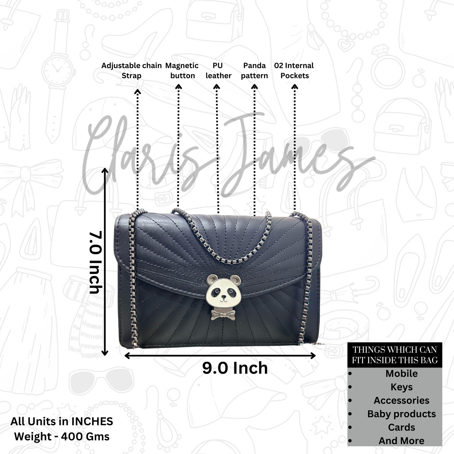 Image of clarisjames Black Women Sling Bag PU leather crossbody chain handle casual Black slingbag women