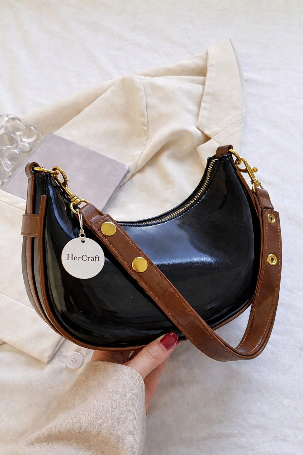 Image of Hercraft Black Sling Bag Women Patent Leather Shoulder Bag with Detachable Adjustable Sling Strap