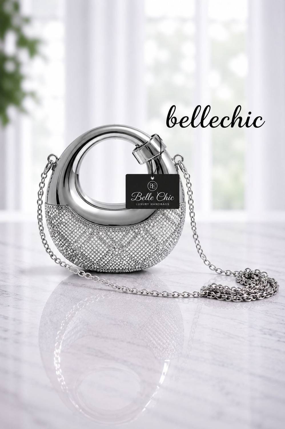 bellechic Silver Clutch Designer Crystal Studded Party Clutch Bag with Chain Strap