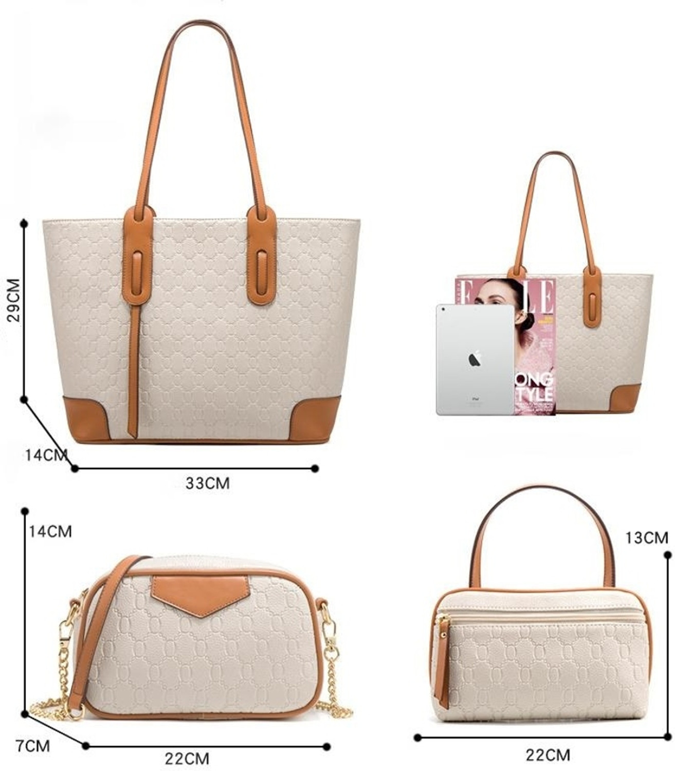 Image of Cosmo Luxera White Tote Luxury Handbag Set for Women - Elegant Tote, Crossbody, Pouch & Card Holder