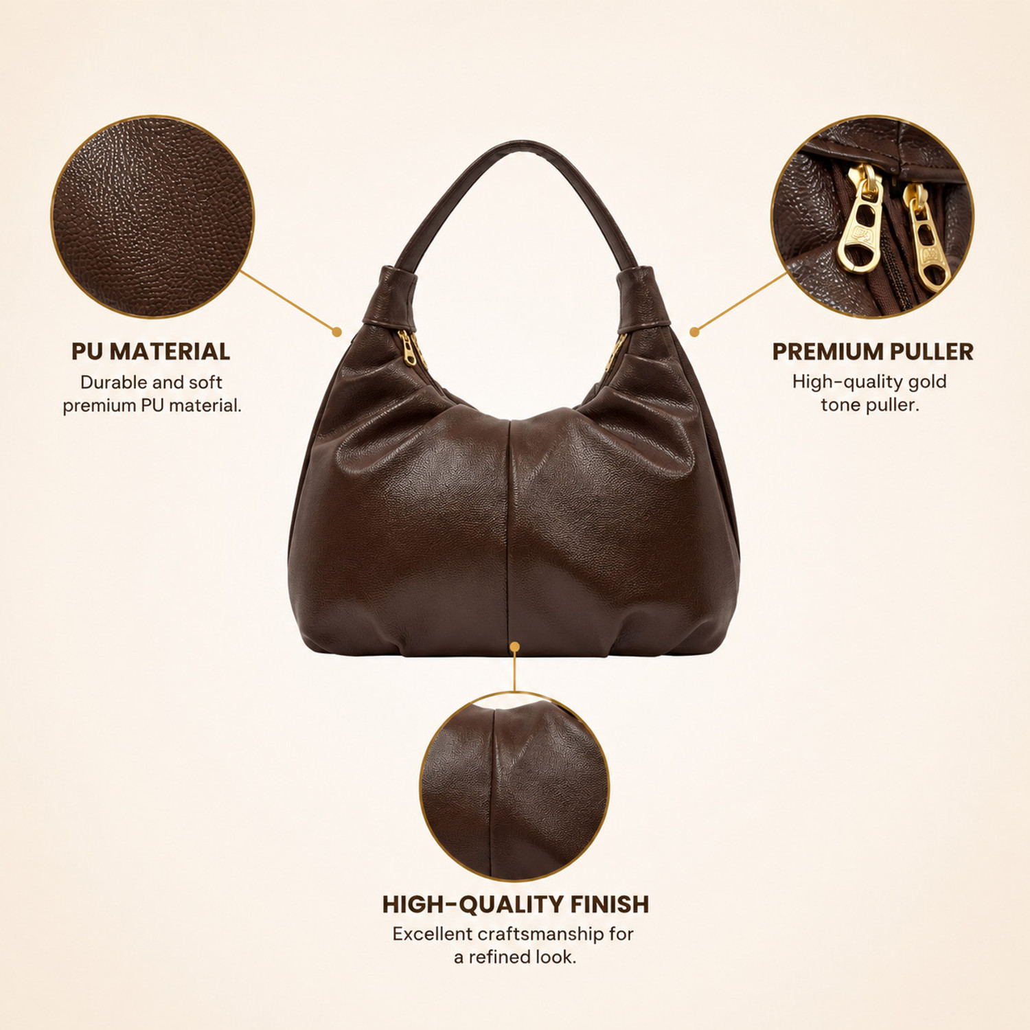 Image of LIORR Brown Hobo | PU Leather Pleated Shoulder Bag for Women | Stylish Casual Handbag