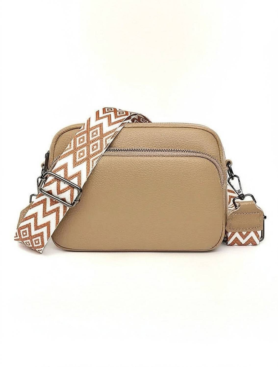 accomade Beige Sling Bag Small Crossbody Bag with Wide Guitar Strap with back & front Zipper Pocket