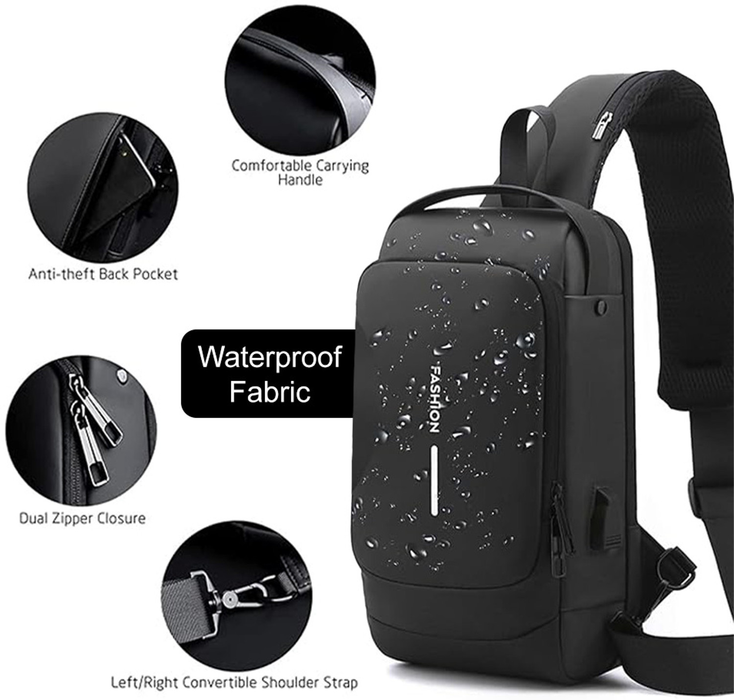 Image of CRZYDE Black Shoulder Bag Unisex Waterproof Crossbody Sling Bag - Anti-Theft, USB Charging