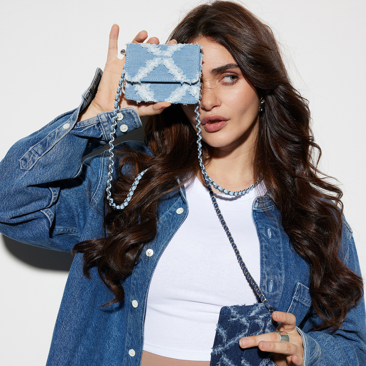 Image of Miraggio Blue, White Sling Bag Camilla Denim Mini Bag