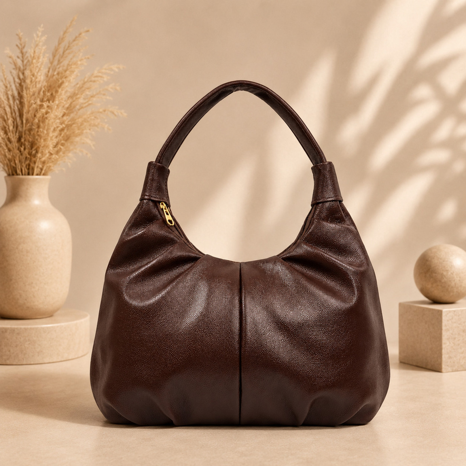 Image of LIORR Brown Hobo | PU Leather Pleated Shoulder Bag for Women | Stylish Casual Handbag