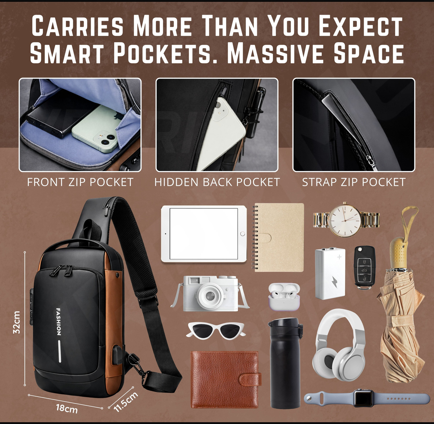 Image of VRPRIME Black Sling Bag Waterproof Anti-Theft Design with USB Charging for Travel, Office & Daily Use