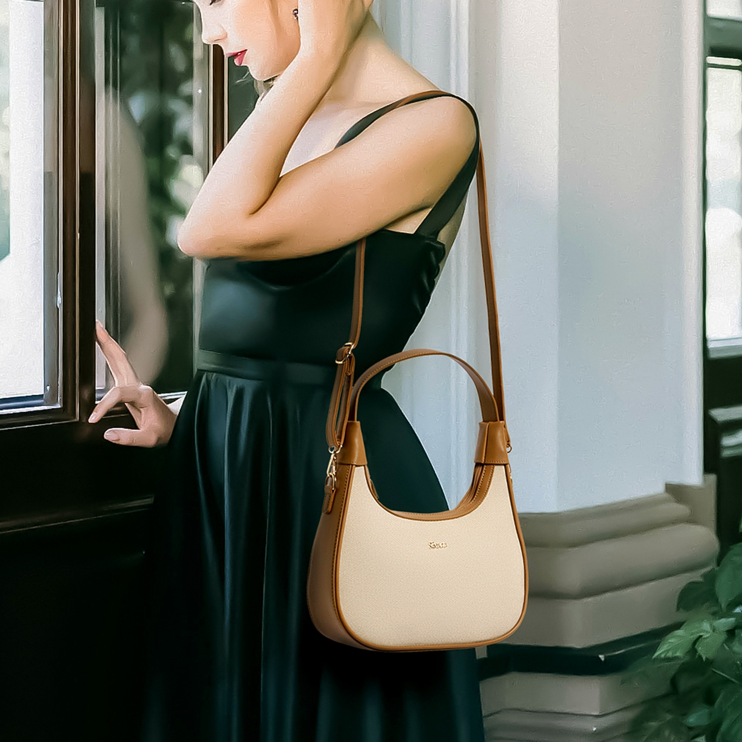 Image of Exotic Beige Shoulder Bag Urban Grace Crescent Charm Handbag - Luna Collection