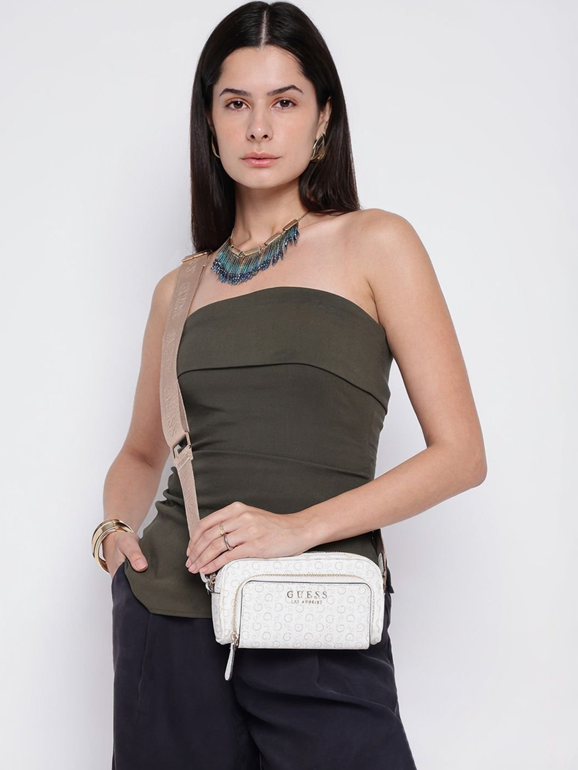 Image of GUESS White Shoulder Bag Saffron Mini