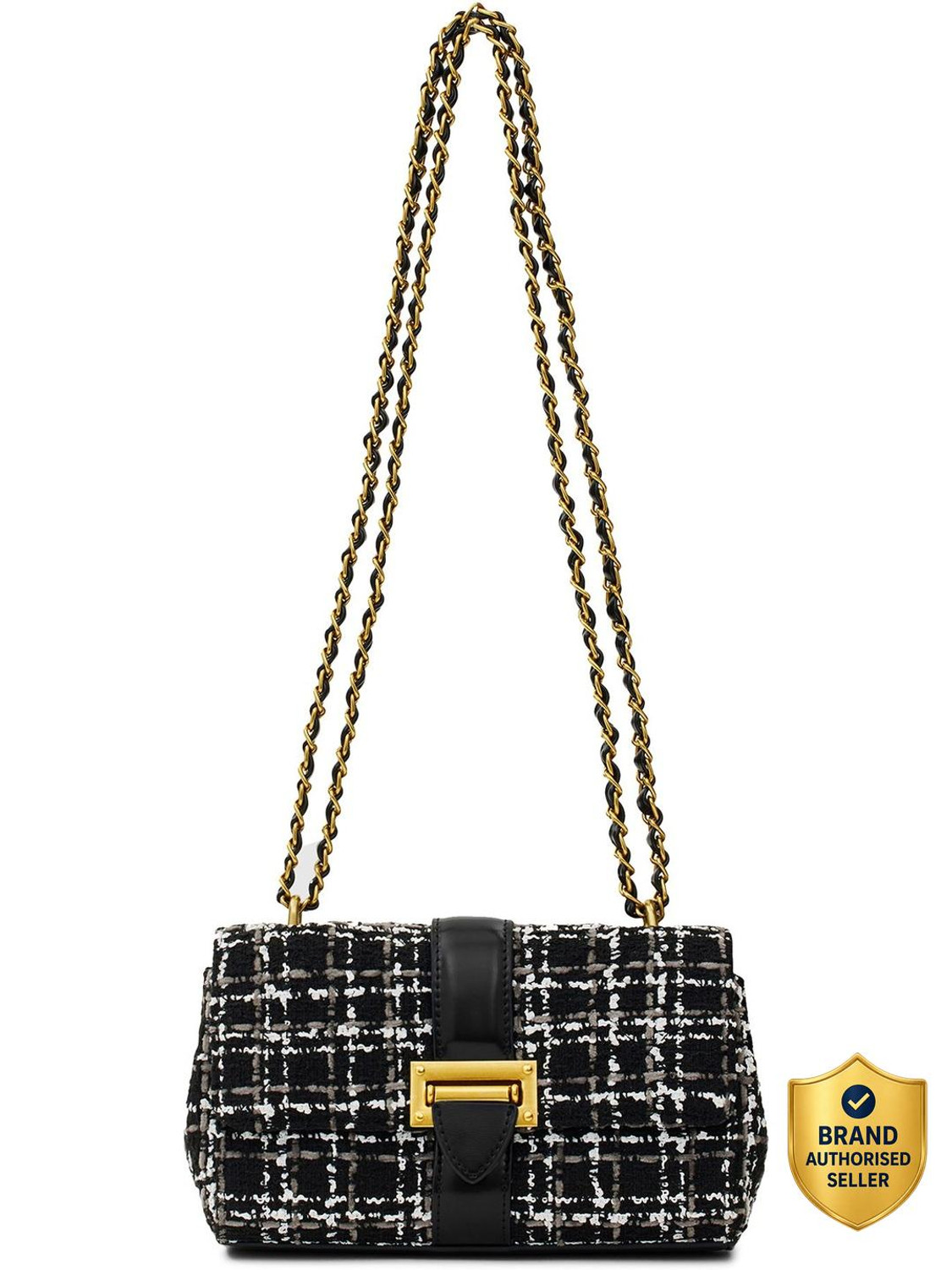Image of Miraggio Black Sling Bag Tweed Crossbody Bag with Adjustable Crossbody Strap