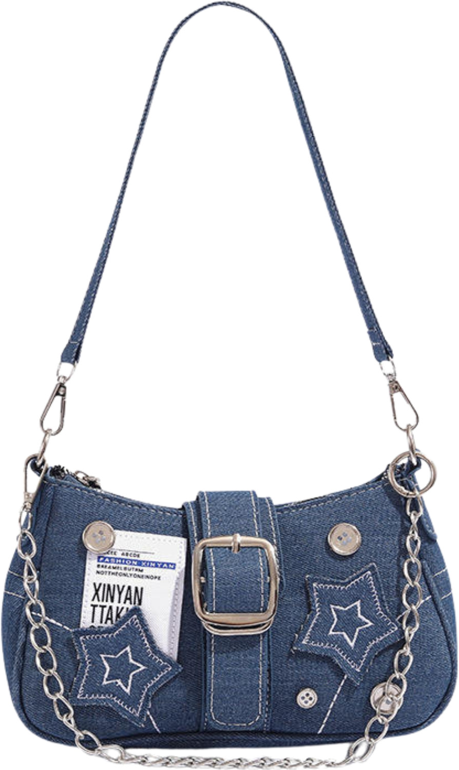 Image of Demerra Blue Shoulder Bag Trendy Y2K Black Shoulder Bag for Women | Star Patchwork Small Hobo Handbag