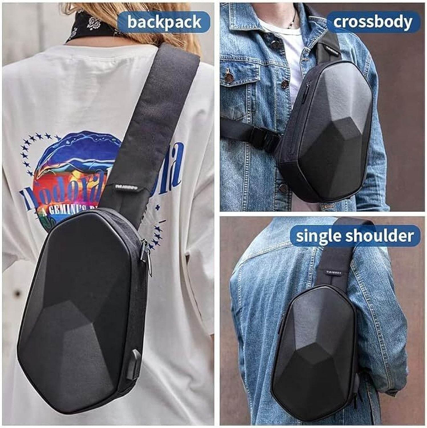 Image of Belanto Black Shoulder Bag Anti-Theft Hard Shell Crossbody Waterproof Sling Bag with USB Charging Port