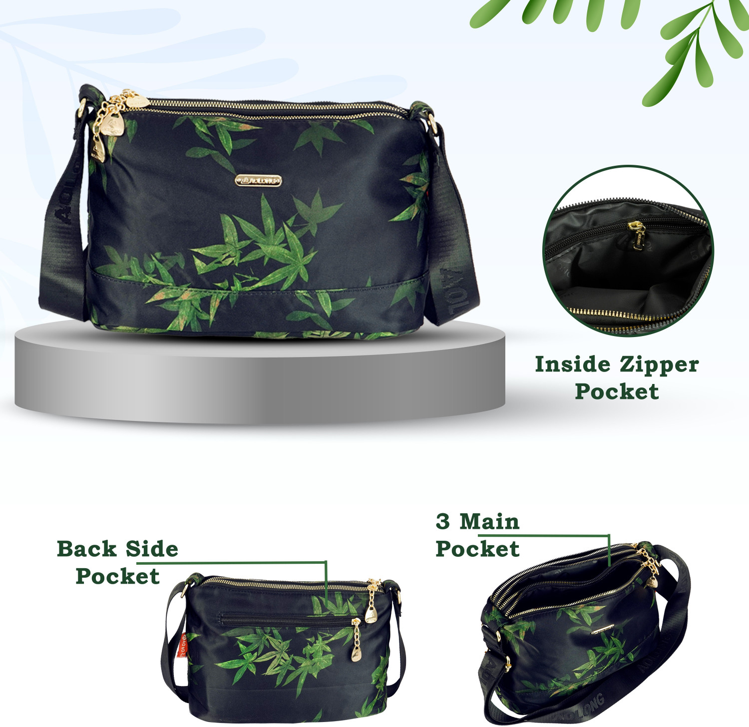Image of STORITE Black, Green Sling Bag Crossbody Bag with Multi-Compartment, Adjustable Shoulder Strap