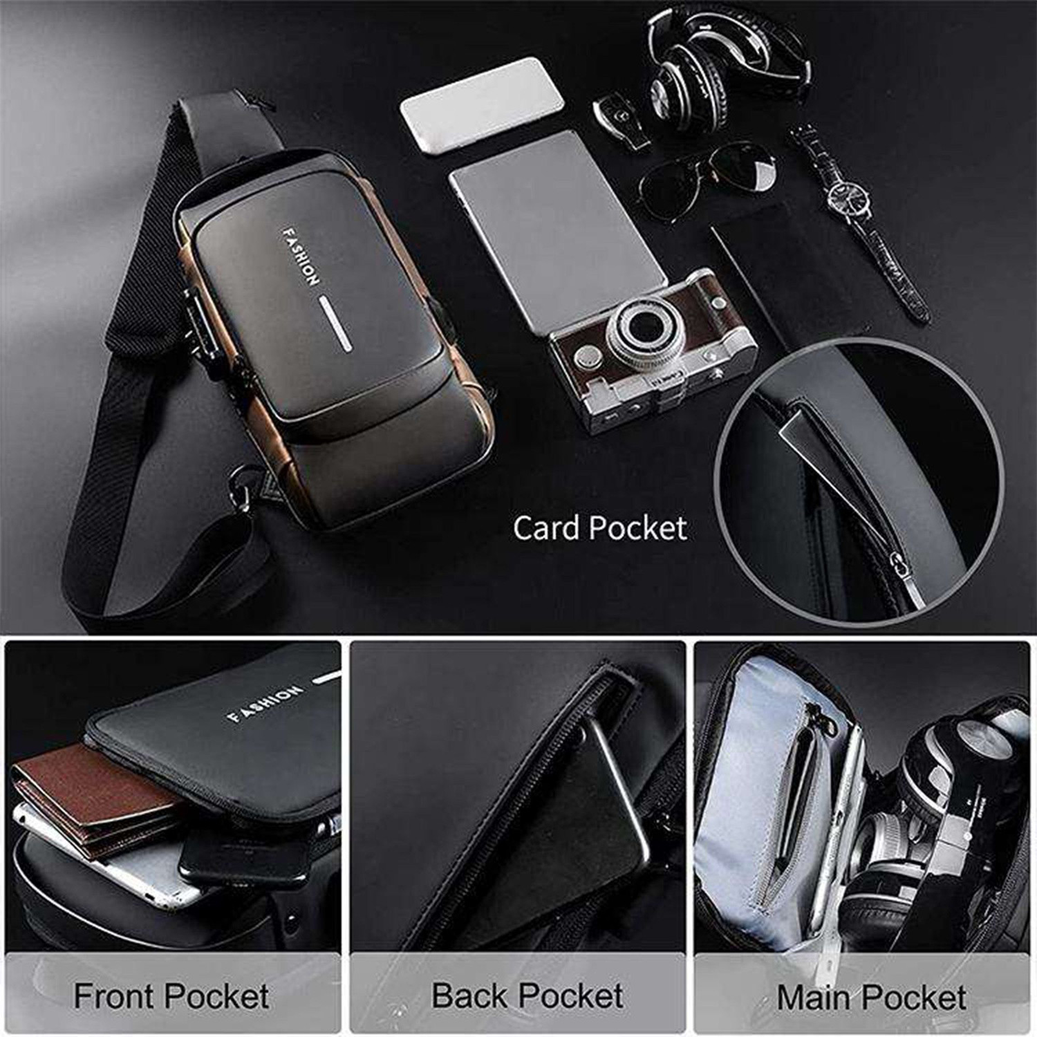 Image of UZAN Black Shoulder Bag Sling Bag for Men |Anti-theft Crossbody Bag USB PU Shoulder Bag