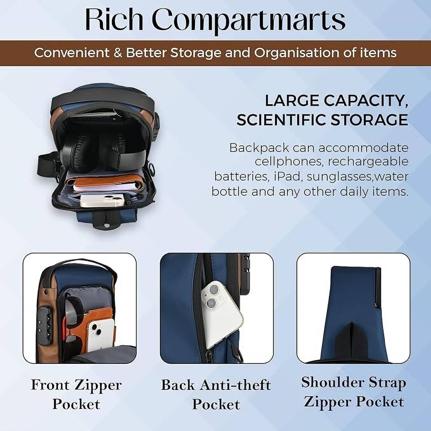 Blue Men Sling Bag Sling Bag for Men |Anti-theft Crossbody Bag USB PU Shoulder Bag - Image 3