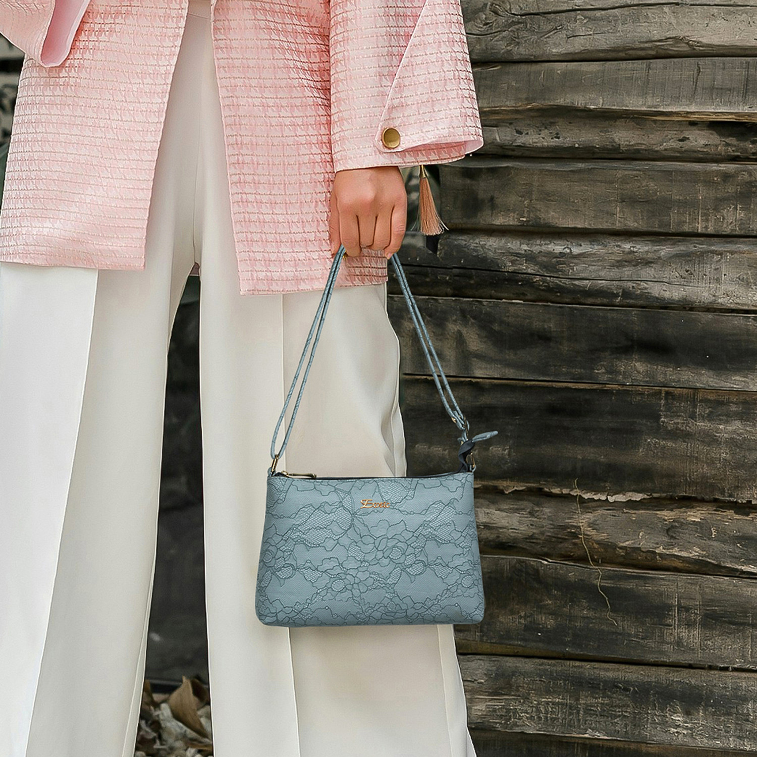 Image of Exotic Blue Sling Bag Floral Embossed Texture Sling Bag for Women