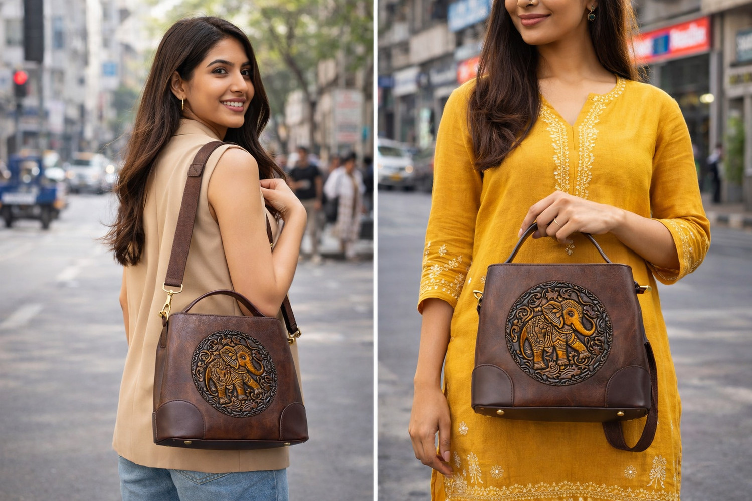 Image of AJ COL Brown Sling Bag Elephant Embossed Structured Sling Bag For Women