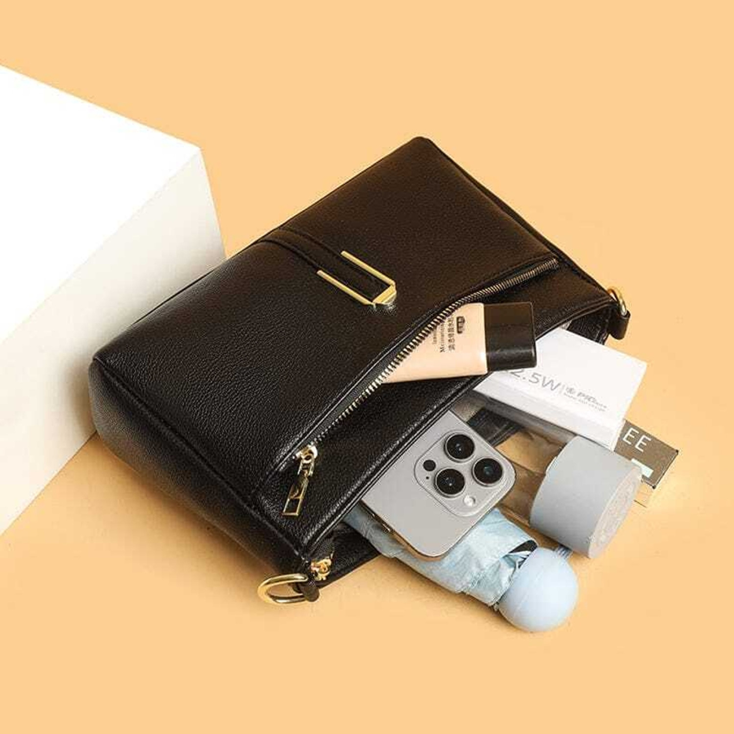 Image of De Meow Black Sling Bag Crossbody Bag with Gold Hardware & Contrast Strap | Stylish Daily Use Handbag