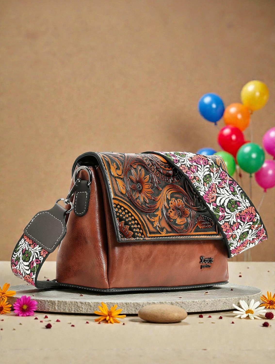 Image of Exotic Premium Brown Sling Bag Floral Emboridery Premium shoulder sling bag