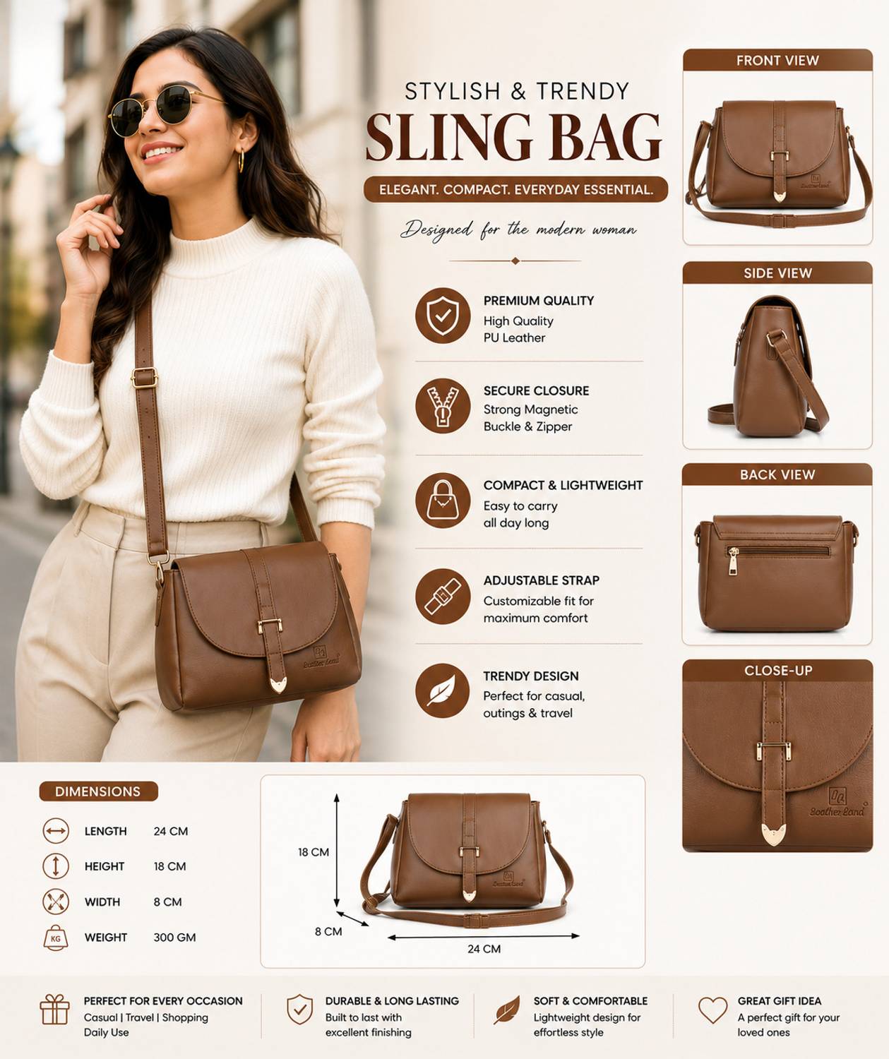 Leather Land Brown Gold Sling Bag Mud Brown