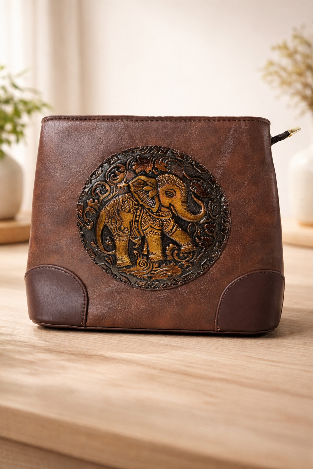 Image of AJ COL Brown Sling Bag Elephant Embossed Structured Sling Bag For Women