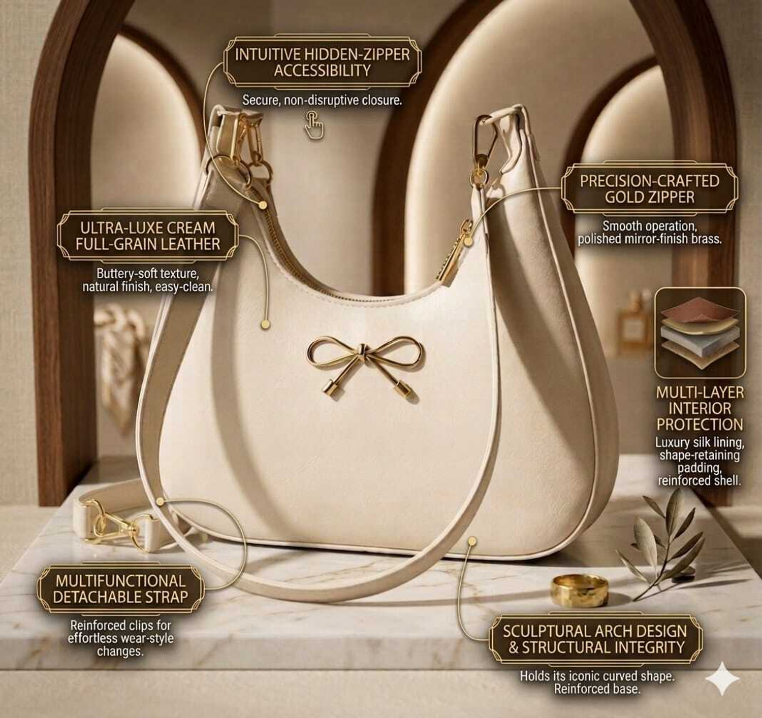 Image of Cleto Beige Shoulder Bag Aesthetic Golden Bow Off-White Hobo Shoulder Bag