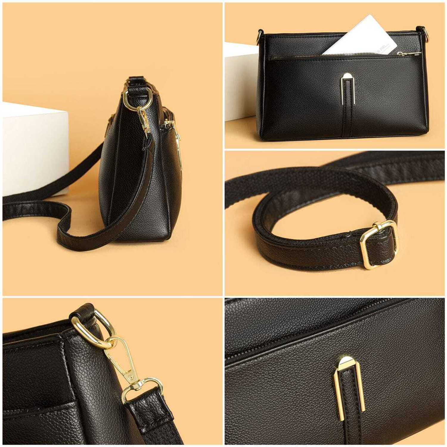 Image of De Meow Black Sling Bag Crossbody Bag with Gold Hardware & Contrast Strap | Stylish Daily Use Handbag