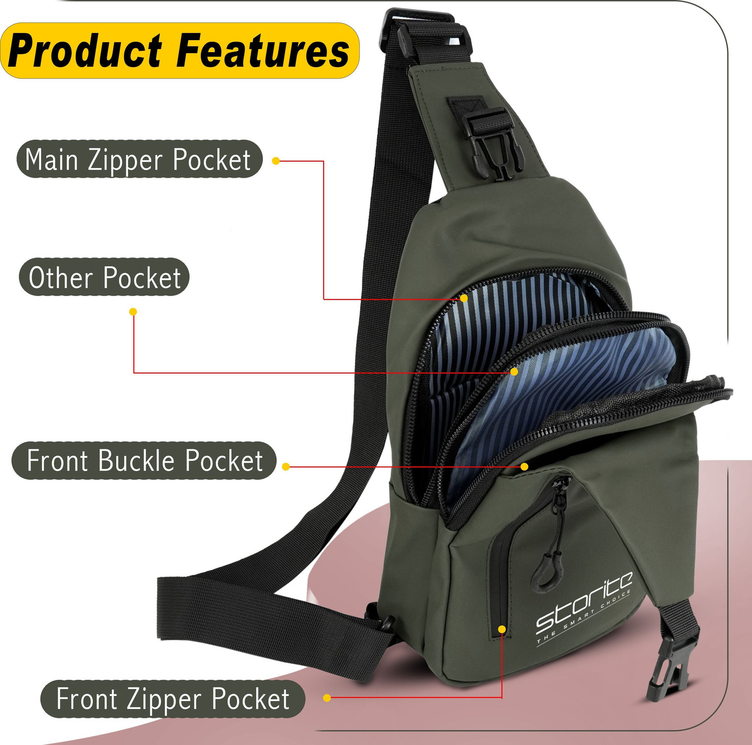Image of STORITE Green Shoulder Bag Anti-Theft Cross Body Chest Bags With USB Charger Port