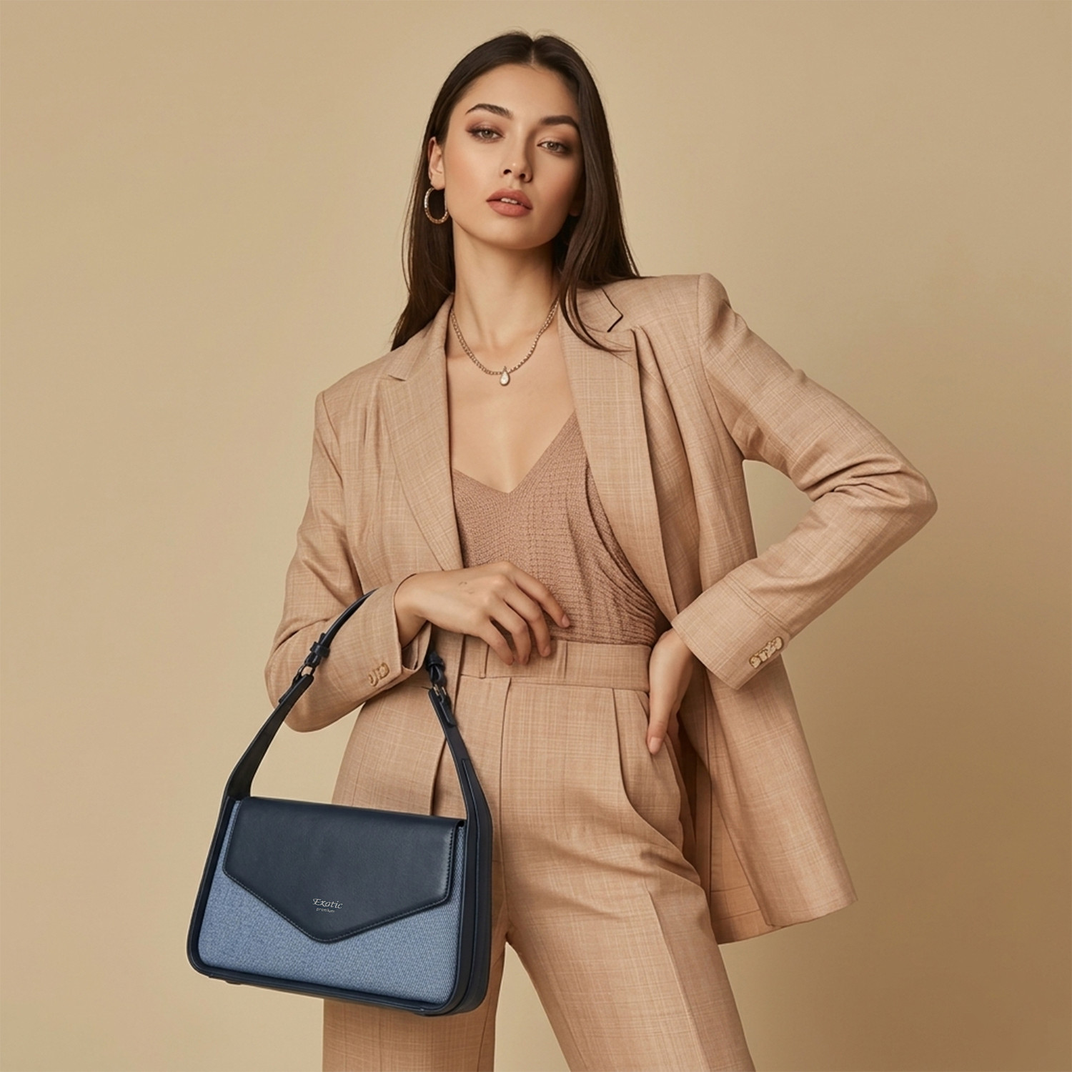 Image of Exotic Premium Blue Shoulder Bag Unique Design Textured Flap Closure Bag