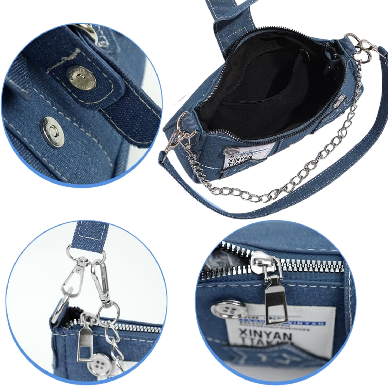 Image of Demerra Blue Shoulder Bag Trendy Y2K Black Shoulder Bag for Women | Star Patchwork Small Hobo Handbag