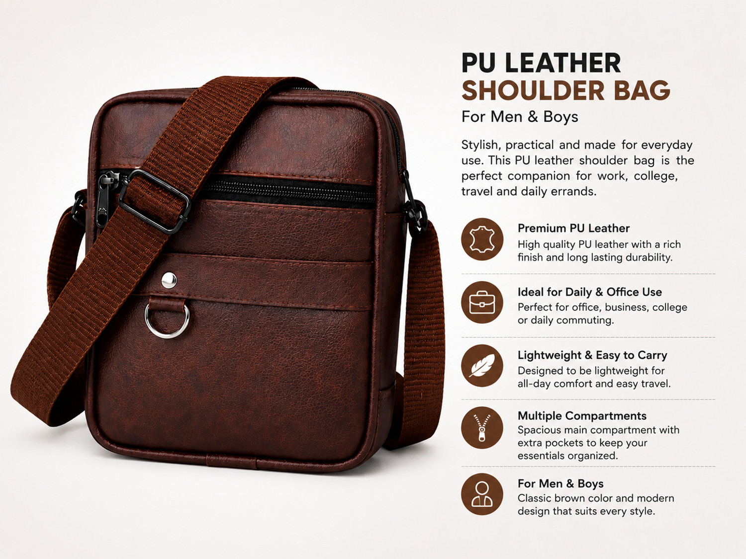 Image of CRAR ENTERPRISES Brown Sling Bag Premium PU Leather Sling Bag for Men | Crossbody Travel Messenger Side Bag