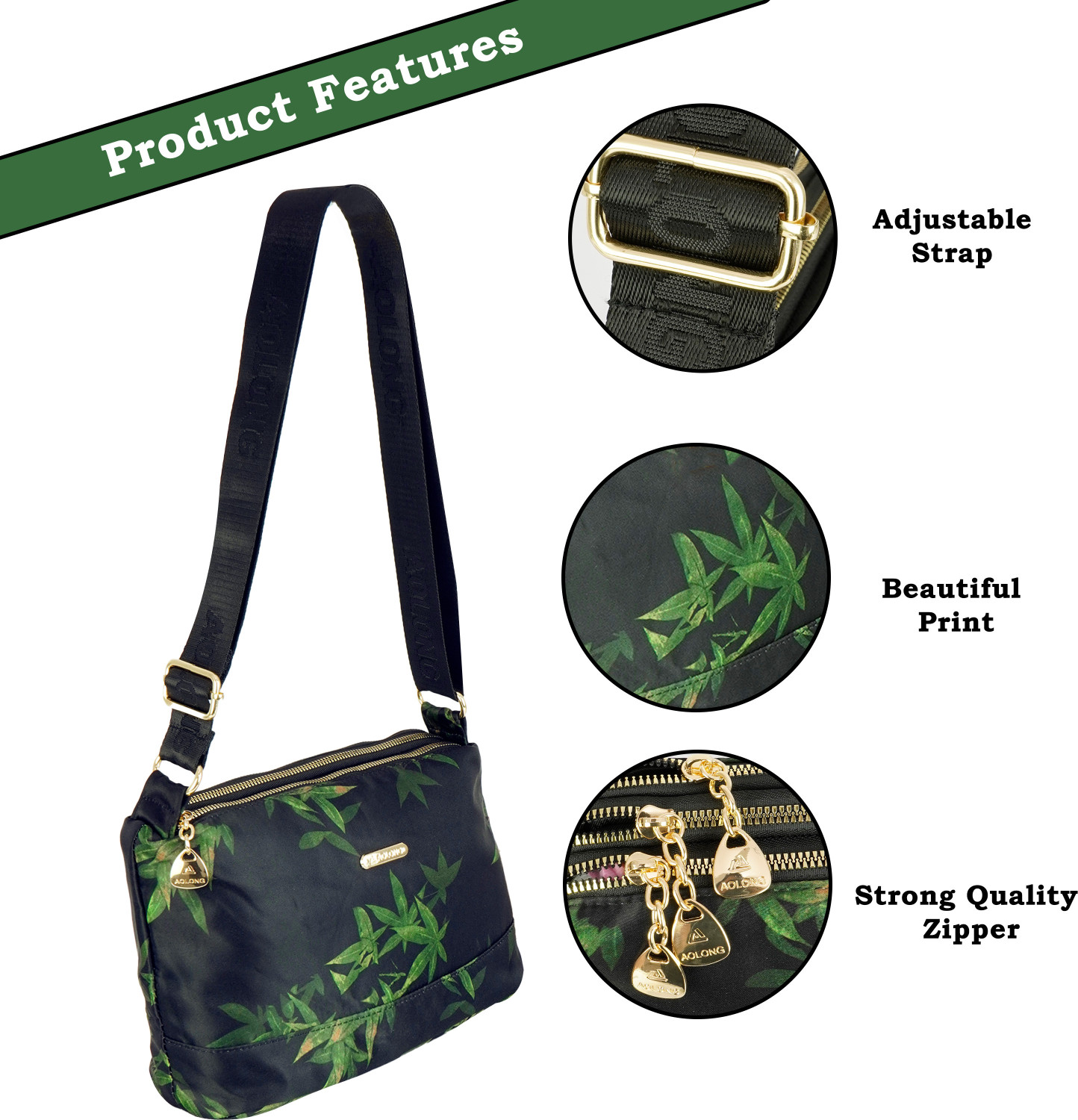 Image of STORITE Black, Green Sling Bag Crossbody Bag with Multi-Compartment, Adjustable Shoulder Strap
