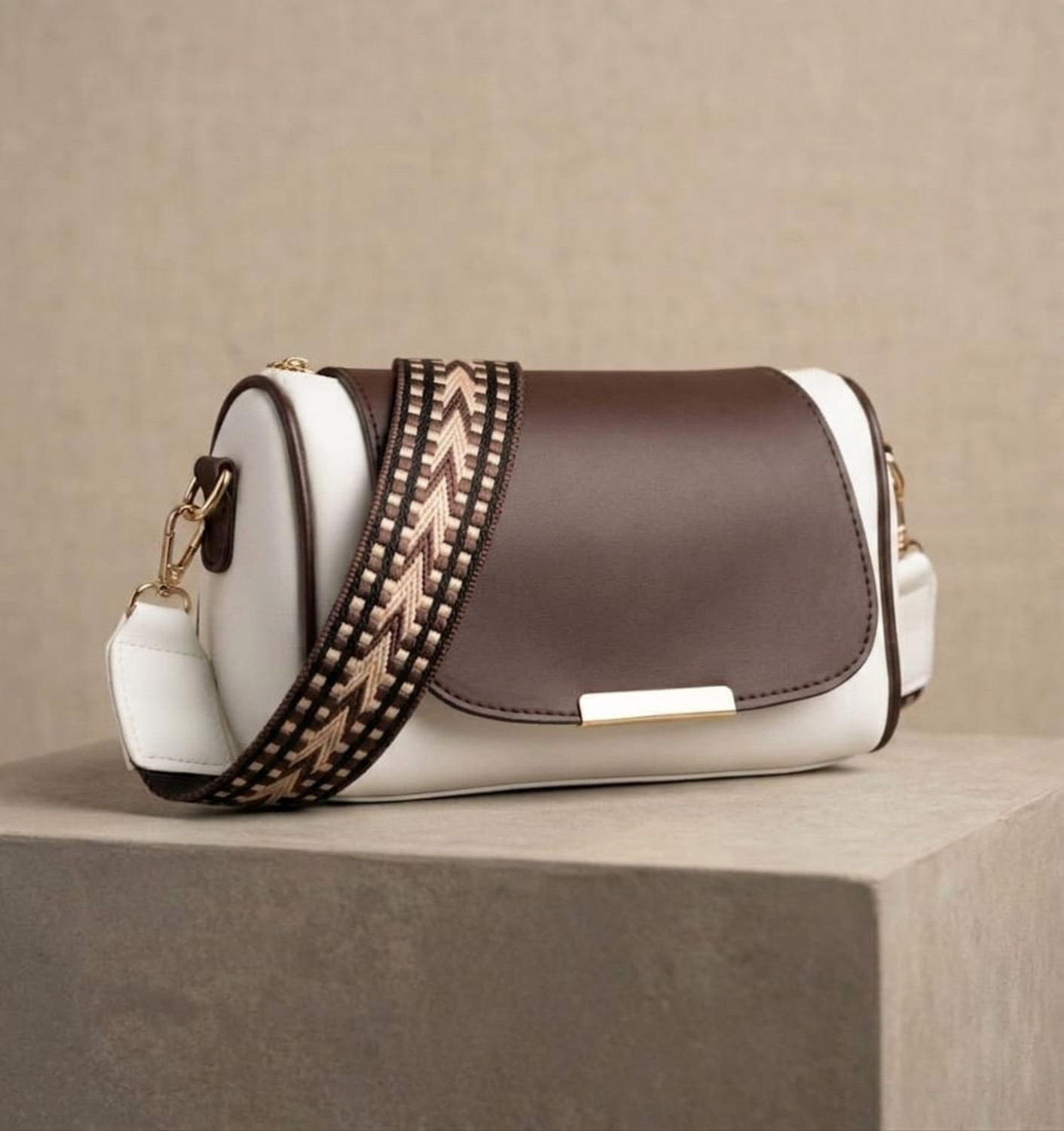 Image of Sugraatelier Brown, White Sling Bag White & Brown Sling Bag For Women