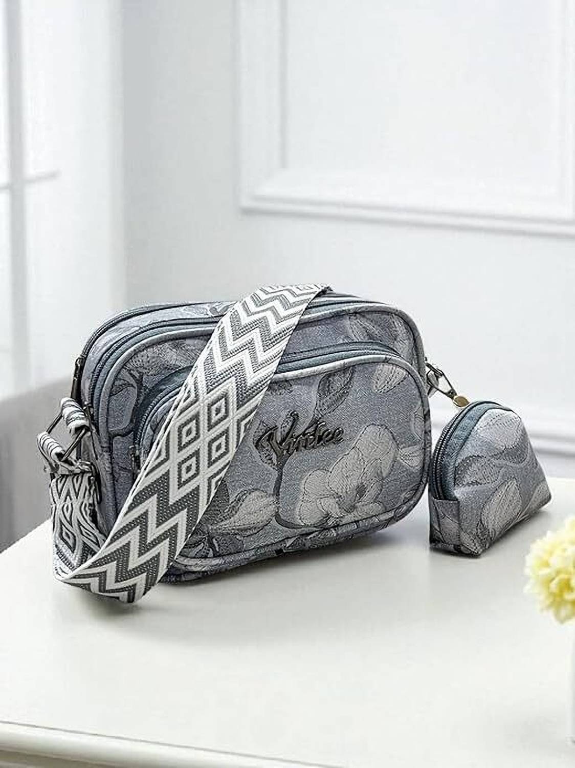 accomade Grey Sling Bag Small Crossbody Bag with Wide Guitar Strap with back & front Zipper Pocket