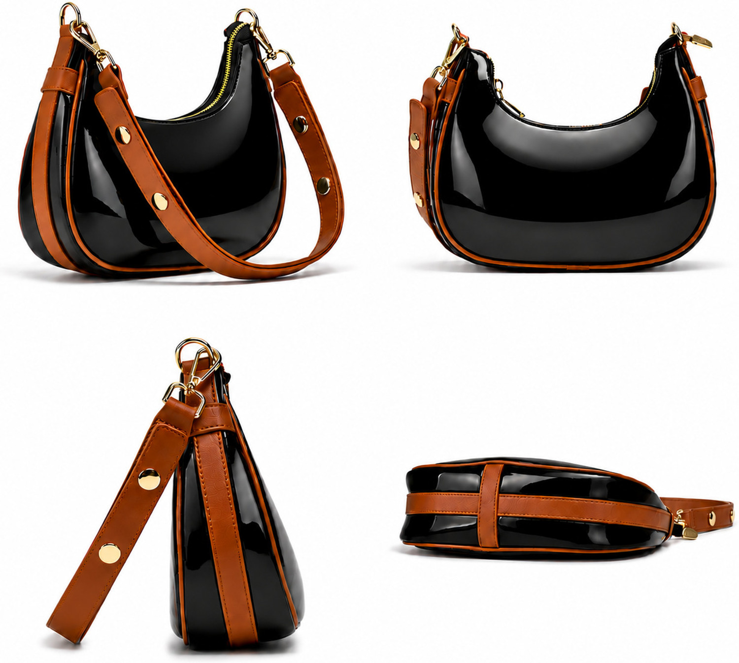 Image of Hercraft Black Sling Bag Women Patent Leather Shoulder Bag with Detachable Adjustable Sling Strap