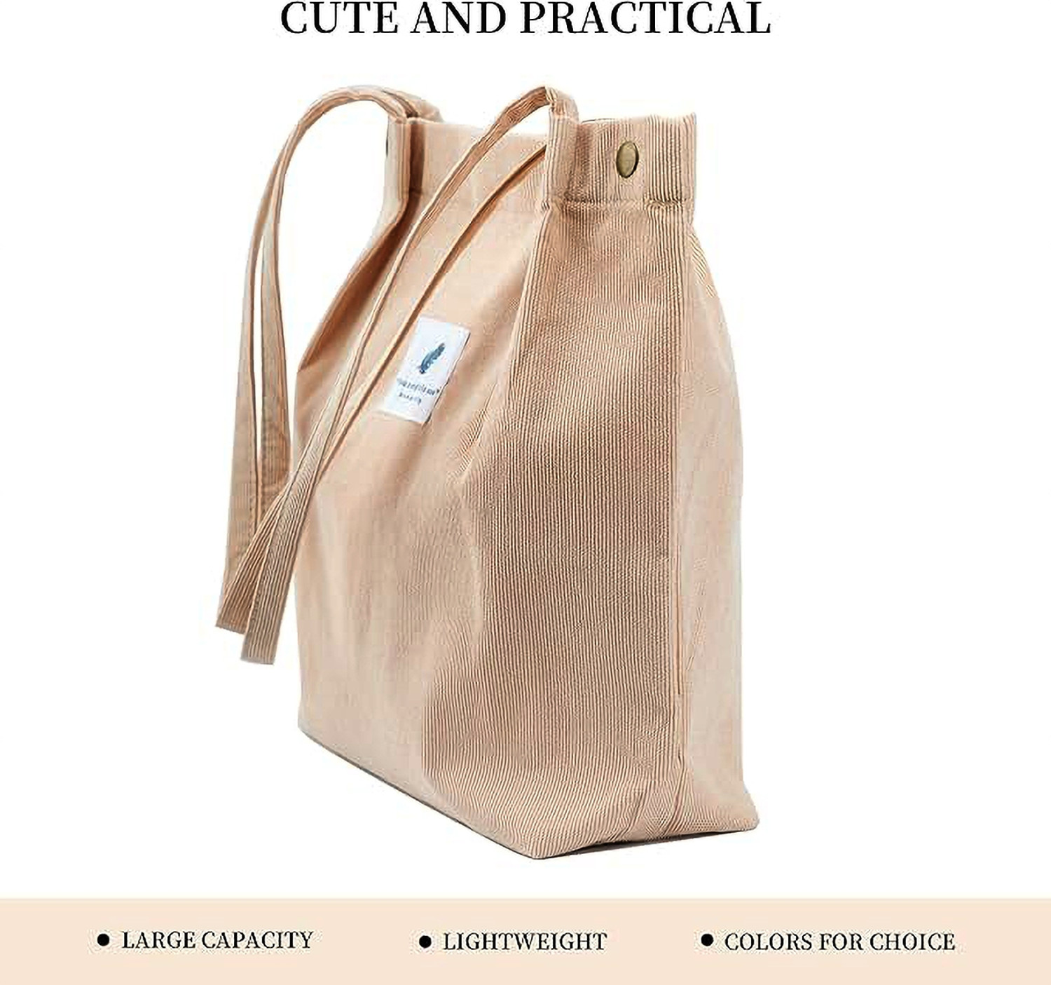 Image of LYROVO Beige Tote Women Corduroy Shoulder Tote Bag for Work Beach Travel and Shopping Grocery