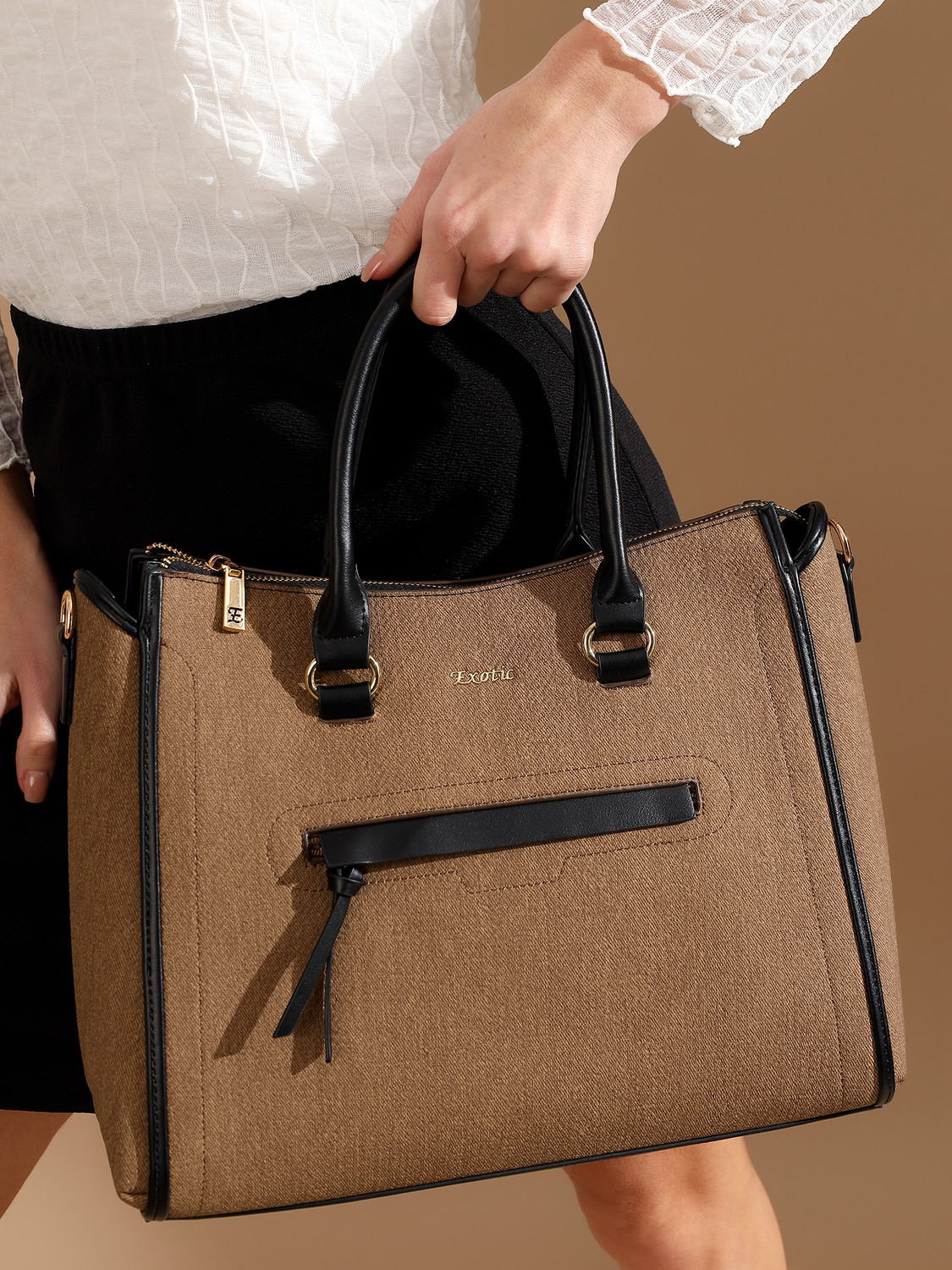 Image of Exotic Brown Tote Structured Handbag for Women Spacious Work & Laptop Elara Tote Bag