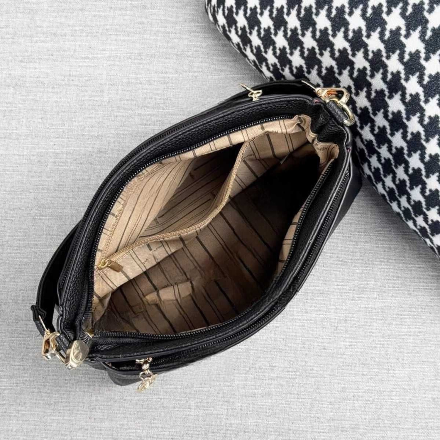Image of VENITY Black Sling Bag Luxe Crossbody Shoulder Bag - Premium Pebbled Texture with Gold Accents