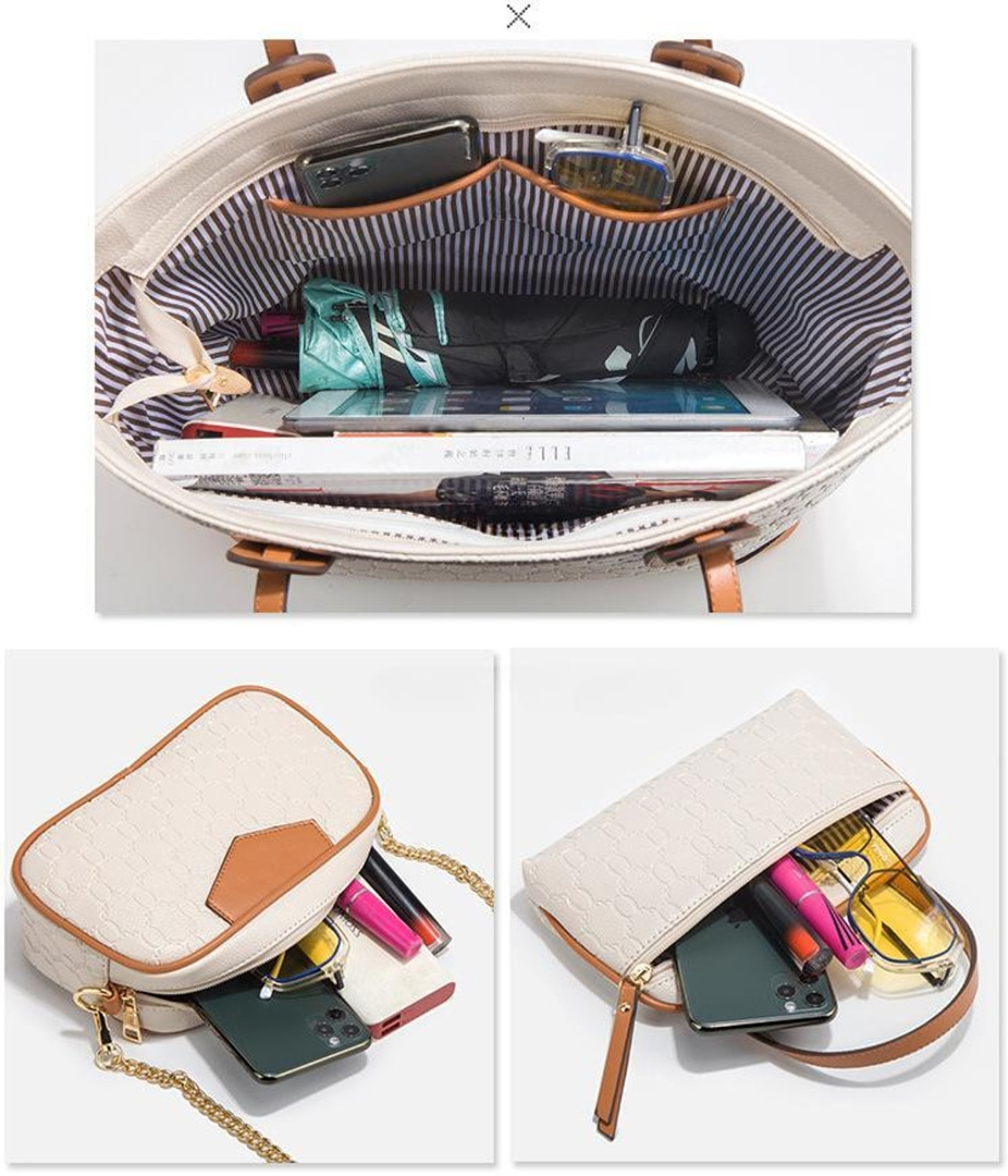 Image of Cosmo Luxera White Tote Luxury Handbag Set for Women - Elegant Tote, Crossbody, Pouch & Card Holder