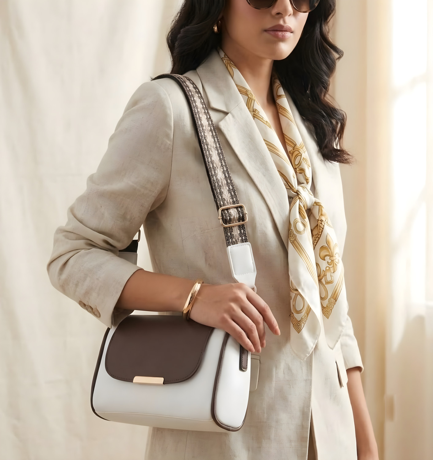 Image of Sugraatelier Brown, White Sling Bag White & Brown Sling Bag For Women