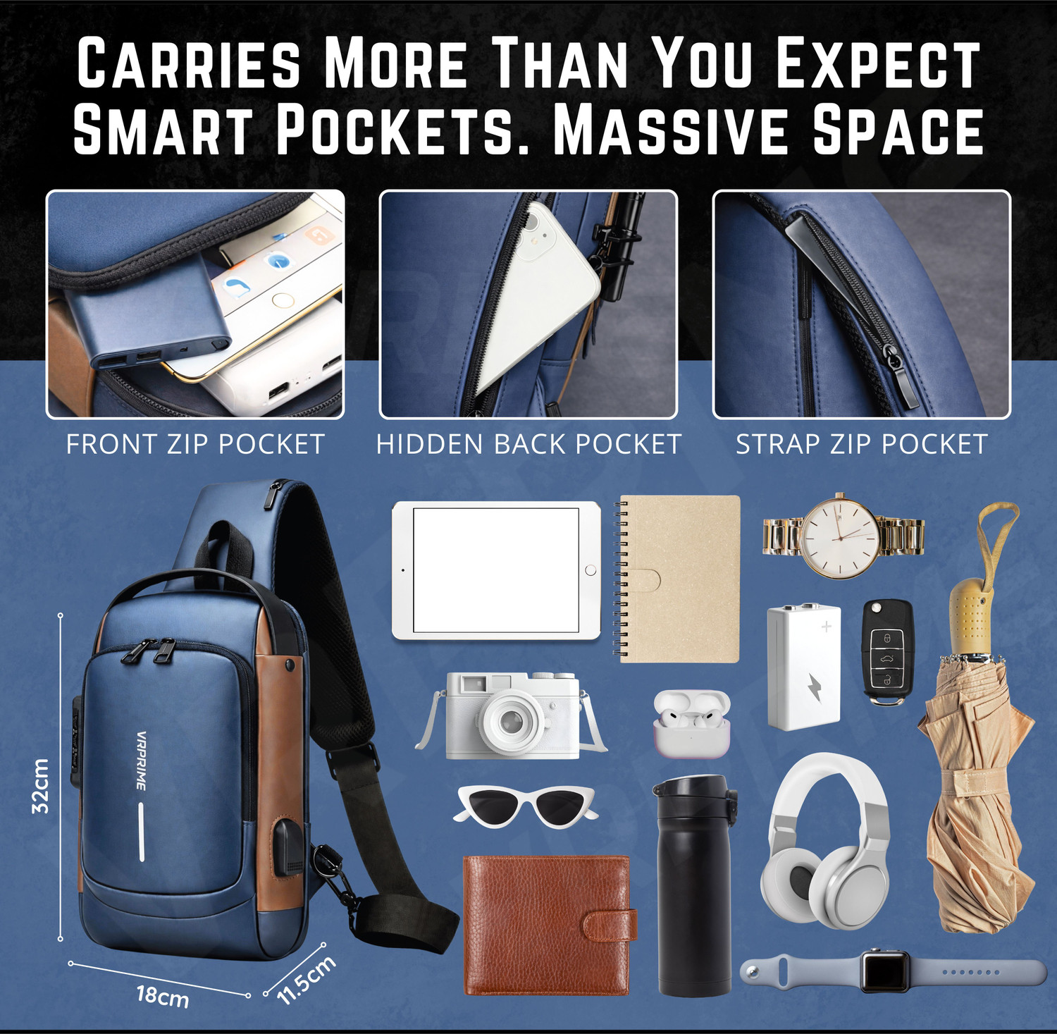 Image of VRPRIME Blue Sling Bag Waterproof Anti-Theft Design with USB Charging for Travel, Office & Daily Use