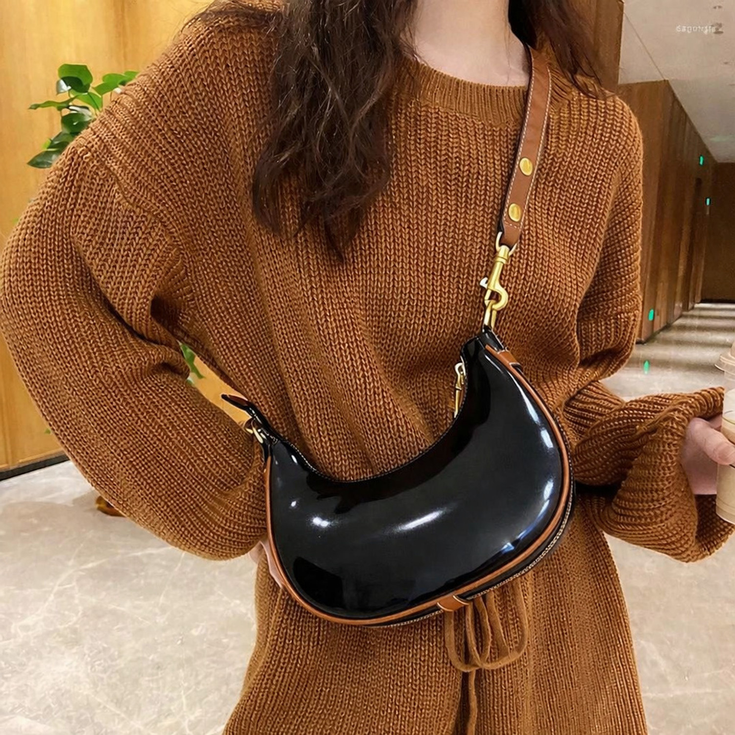 Image of Hercraft Black Sling Bag Women Patent Leather Shoulder Bag with Detachable Adjustable Sling Strap