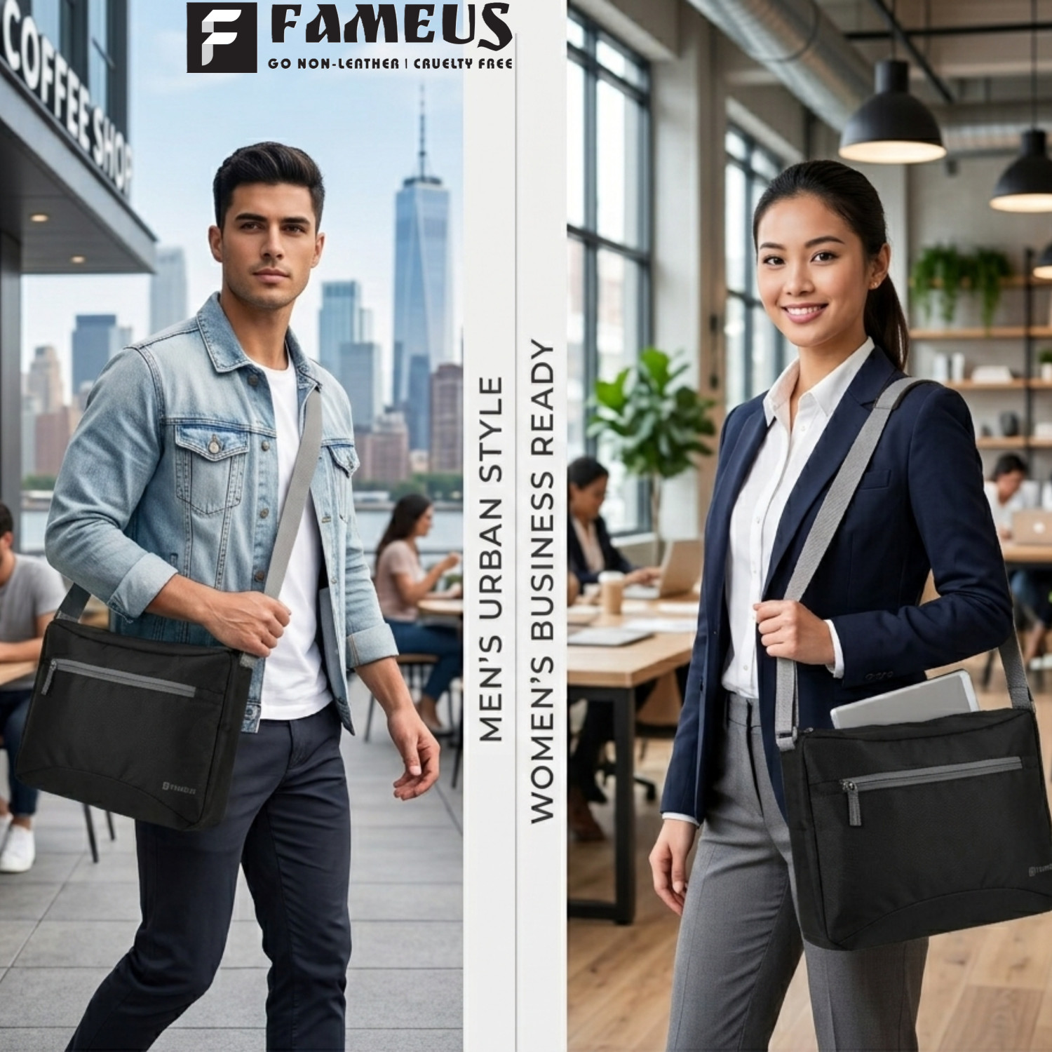 Image of FAMEUS Black Messenger Bag Stylish Light Weight Unisex Laptop Bag -Travel /Office /Business /College