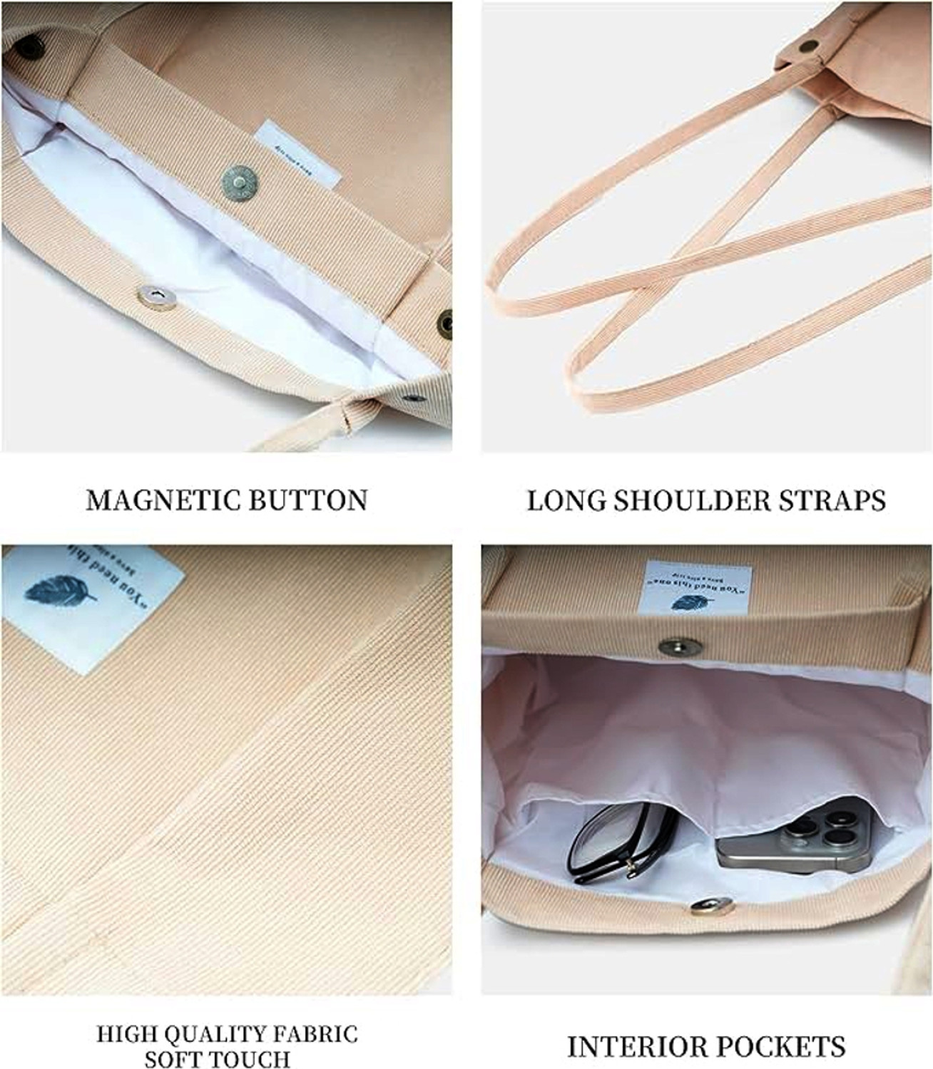 Image of LYROVO Beige Tote Women Corduroy Shoulder Tote Bag for Work Beach Travel and Shopping Grocery