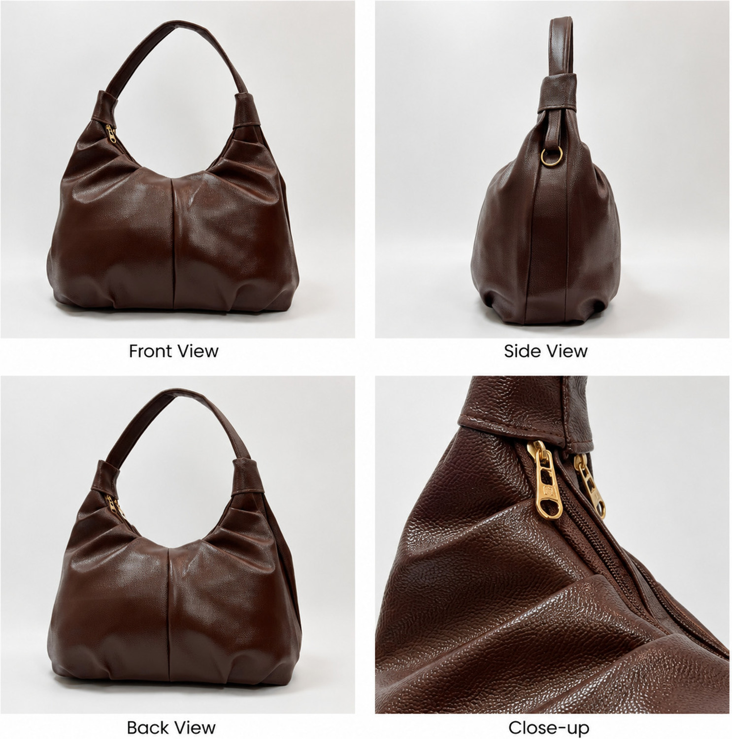 Image of LIORR Brown Hobo | PU Leather Pleated Shoulder Bag for Women | Stylish Casual Handbag
